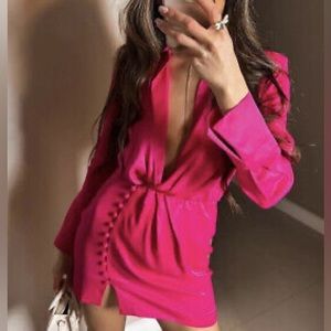 Zara fuchsia satin mini dress with shoulder pads NWT